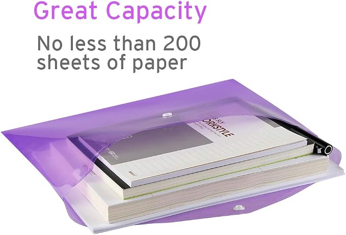 Sooez 20 Pack Folders Plastic Envelopes, Clear Plastic File Folder for Document, Letter A4 Size Poly File Envelopes with Label Pocket, Snap Button for Home Work Office Organizer, 5 Colors