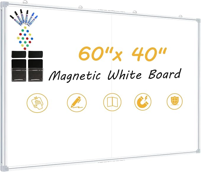Magnetic Dry Erase Board 60x40 Inches, Foldable Whiteboard with Silver Frame for Classroom, Office and Home - 5x3.5 Ft, Non-Glare Surface, Full Magnetic Accessory Kit Included