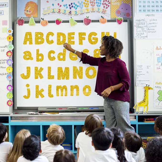 225Pcs Glitter Bulletin Board 4inch Letters with Adhesive Dots Punctuation Symbols Cutout for Classroom Numbers Alphabet School Display Decorating Supplies (Gold)