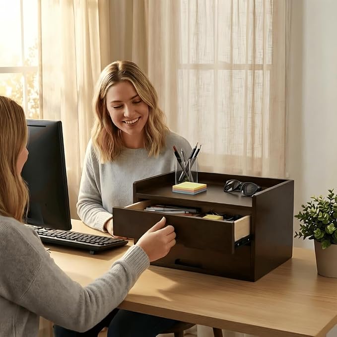 Solid Wood Desk Organizer with Drawers, Wooden Desk Storage Organizer with Smooth Slides, Filing A4 Paper File Organizer for Home Office, Bedroom & Makeup, Fully Assembled, Walnut Finish