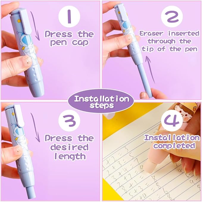 Cute Pencil Erasers, Kids Retractable Erasers with Refills, Standard Pen-Style Erasers, Fun Click Erasers, Kawaii Japanese Stationery Supplies (Blue)