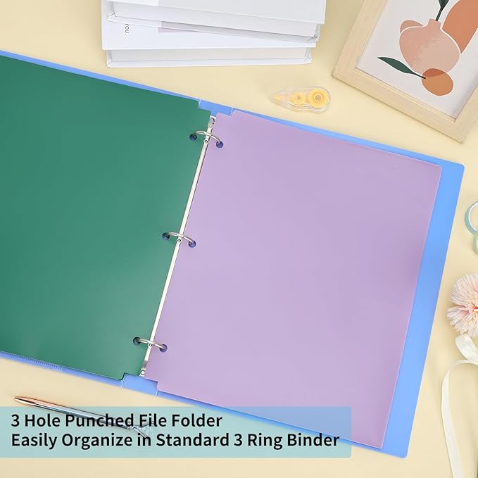 EOOUT Binder Folders 10pcs Colored File Folders, Plastic Folders with Pocket and 2 Business Card Slot, 3 Hole Punch Poly Folders Fits in 3 Ring Binder for School Office