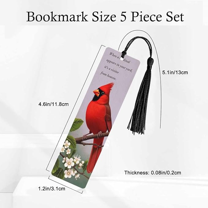 Cardinal Bird 5 Pcs Bookmarks Tree Branches Leaves Flowers Wooden Bookmarks with Tassel for Students Reader Teachers Book Lovers