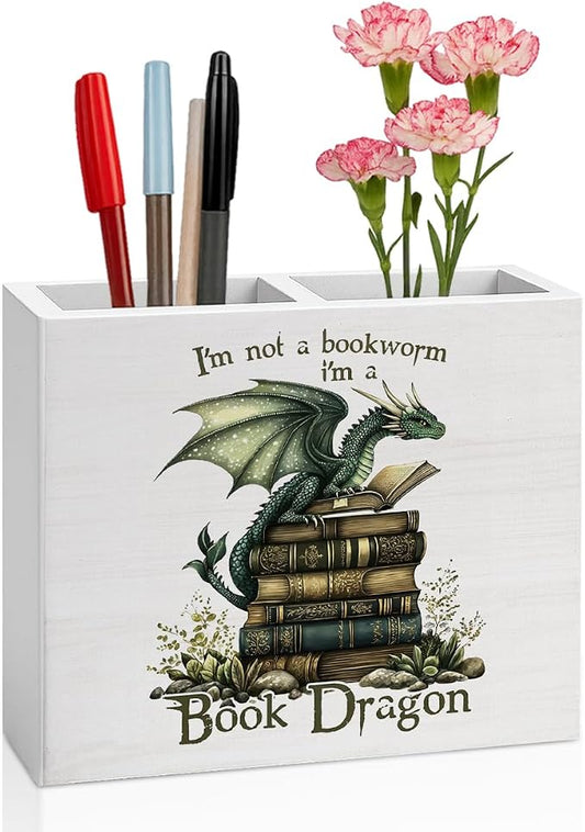 Book Gifts for Book Lovers Reader Writer Librarian Dragon book Wooden Pencil Holder desk decor for Library Office Home Christmas Birthday Holder2823