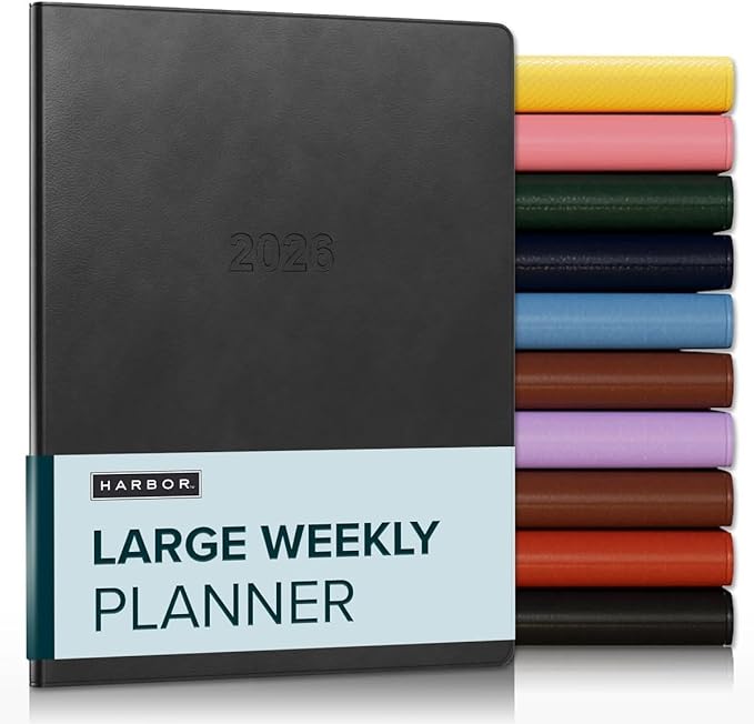 Harbor Large Weekly Monthly Planner 2025-2026, Calendar Planner & Notebook - Durable Faux Leather, 192 Pages, Softcover & Book Bound - Cambridge Black - 9.75 x 7.5 "