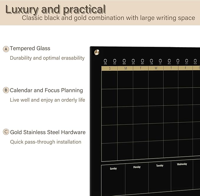 Black Glass 3-1 Monthly Dry Erase Calendar Whiteboard for Wall,20"x 30",Frameless Mounting,Office/School/Home, Frameless Large Planner White Board