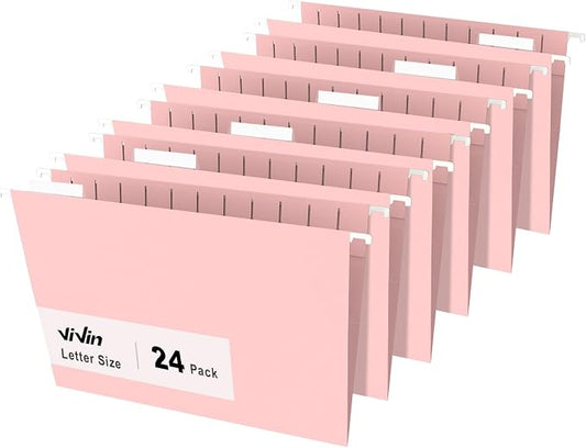 ViVin Hanging File Folders 24 Pack,Letter Size with 1/5-Cut Adjustable Tabs, Pink, Reinforced File Organizer for Office Desk, Home Filing Cabinet & School Drawer