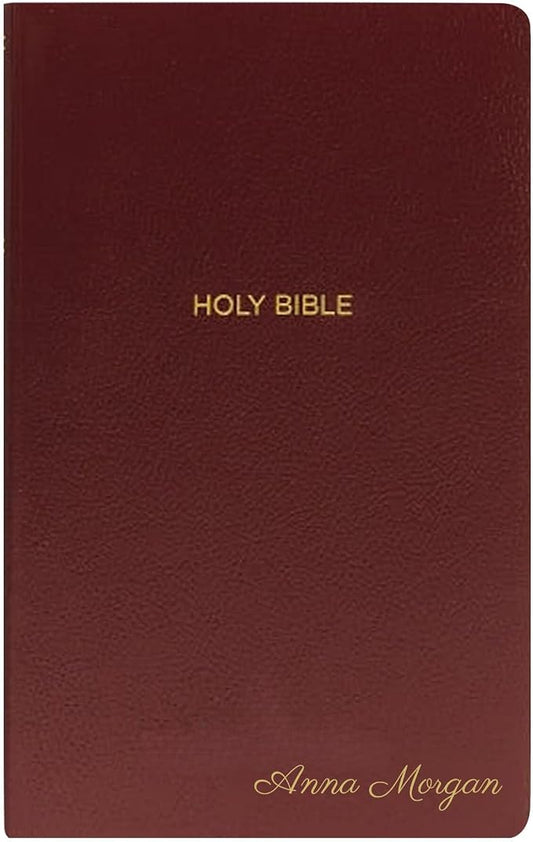 Personalized NKJV Bible Faux Leather Small Print Economy Bible with Custom Name at The Lower Right Side & Red-Highlighted Verses, Custom Gift for Christian & Religious Events | Burgundy