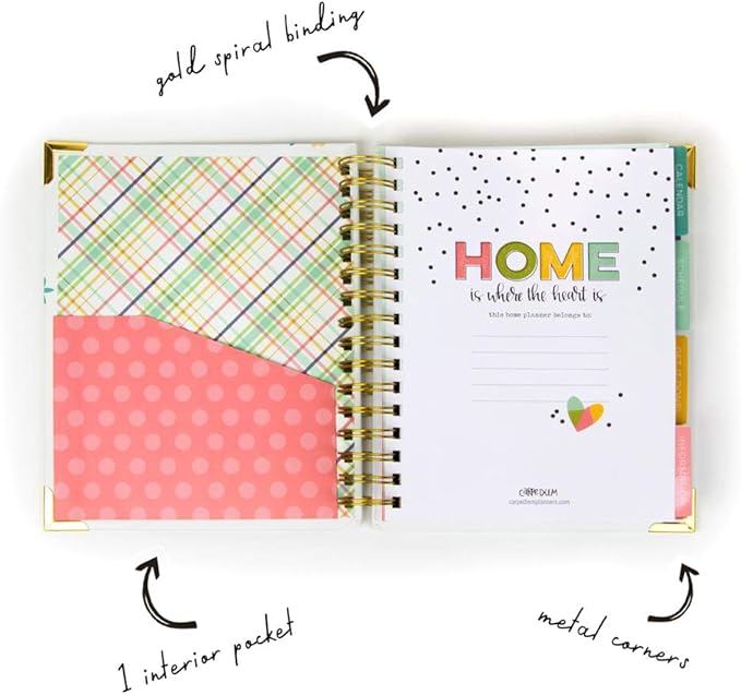 Pukka Pad, Carpe Diem Home Planner Spiral Bound Notebook with 6 Organizational Tabs and 2 Sticker Sheets – Features Appointment Calendars, Schedules, Meal & Grocery Plans, and To-Do Lists – 8.75 x 8in