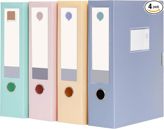 A4 Storage Archives Cases File Boxes Plastic Archives Cases with Lid, Box File, Height 75mm,4 Colores Folding Document Storage Box for Office、Homes and School-4 Pack