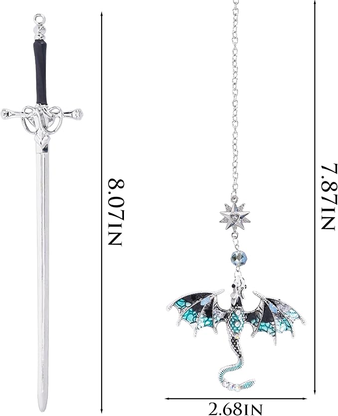 Fantasy Fourth Wing Bookmark - Sward Dragon Book Mark for Men Vintage Tassel Metal Pendant Antique Silver Blue Book Marker Reading Lovers Gifts Birthday Teacher Readers
