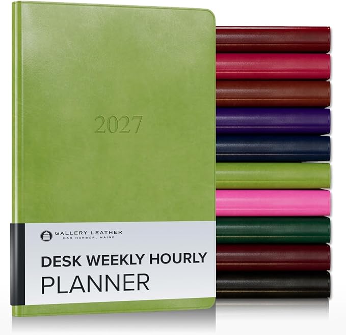 Gallery Leather Desk Hourly Weekly Monthly Planner 2027, Elegantly Bound Calendar Planner and Notebook with Stylish Gold-Gilded Page Edges, 12 Months - Acadia Lime - 8x5.5"
