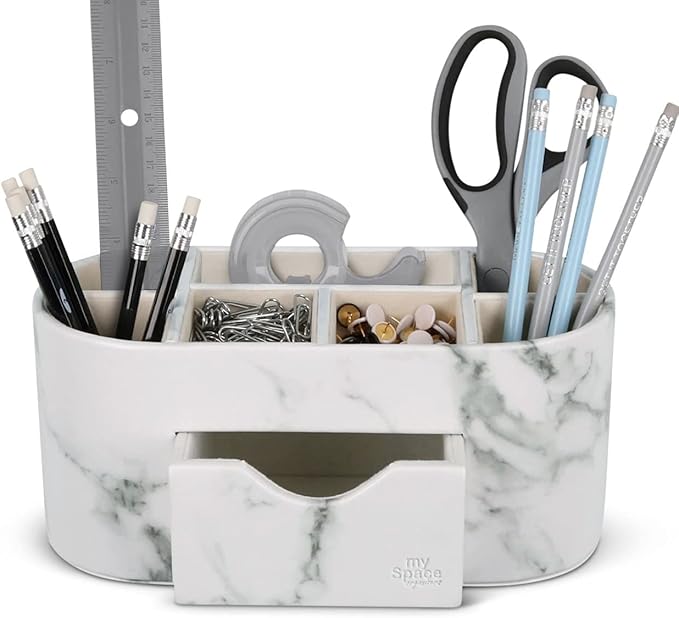 My Space Organizers Marble Desk Organizer For Office Supplies Desk Accessories - Pencil Pen Holder Decor - Home School College Organization Desktop Caddy - Faux Leather