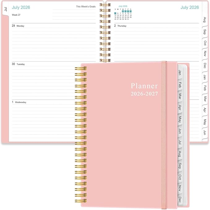2026-2027 Planner - Planner 2026-2027 from July 2026 - June 2027, Weekly & Monthly Planner Spiral Bound with 12 Monthly Tabs, Inner Pocket, 6.4" x 8.5", Pink-E