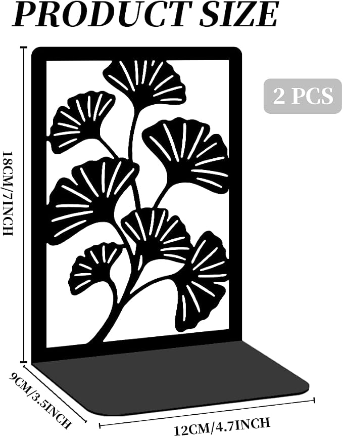 Decorative Bookends, 2 Pcs Ginkgo Leaf Desk Bookends Sturdy Metal Book Organizers for Home Office and Study Room