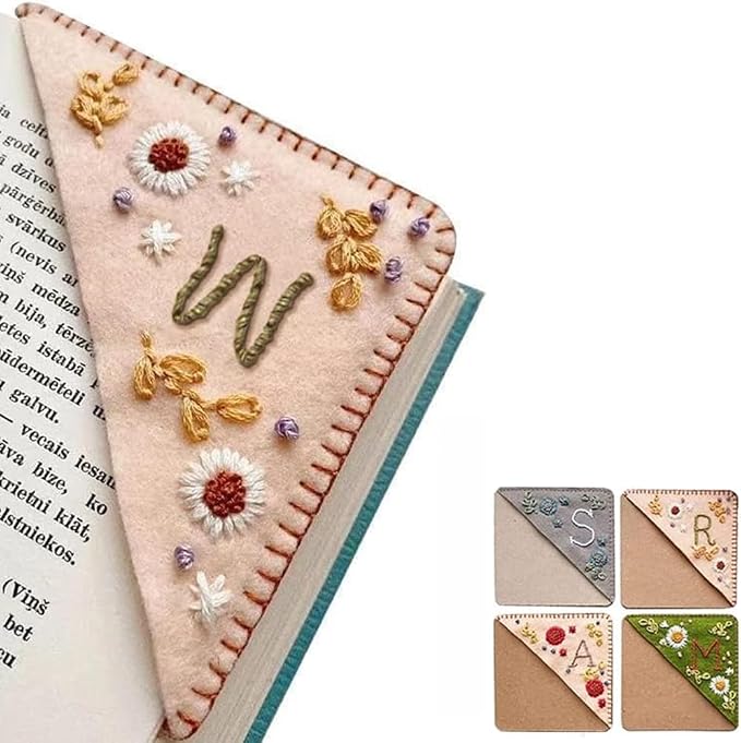 Personalized Hand Embroidered Corner Bookmark, 26 Letters Cute Flower Embroidered Corner Bookmark Embroidery Book Marker Clip for Book Lovers Bookmarks for Reading Lovers Meaningful GIF (Spring, W)