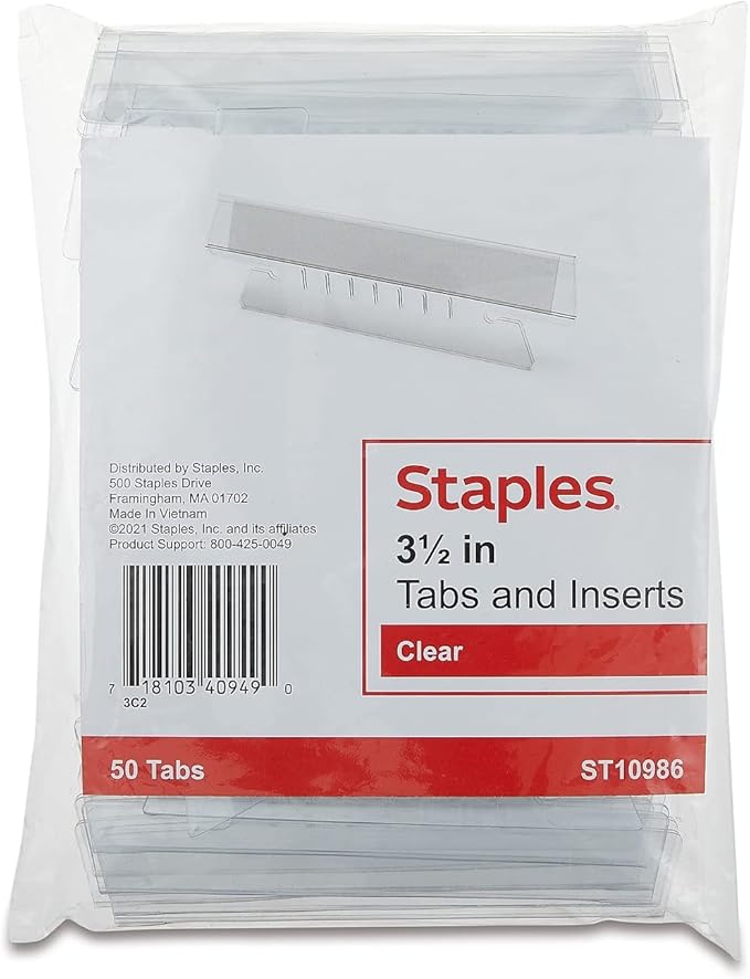 Staples Plastic Tabs, 3.5" x 5/8", Clear Self‑Adhesive Filing Tabs for Binders, Folders & Projects – 50/Pack