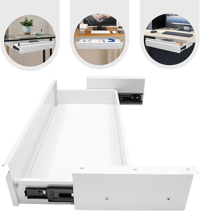 22 Inch Under Desk Mounted Sliding Pull-out Drawer Storage for Sit Stand Workstation Office(Applicable Table Thickness: 0.79in) White