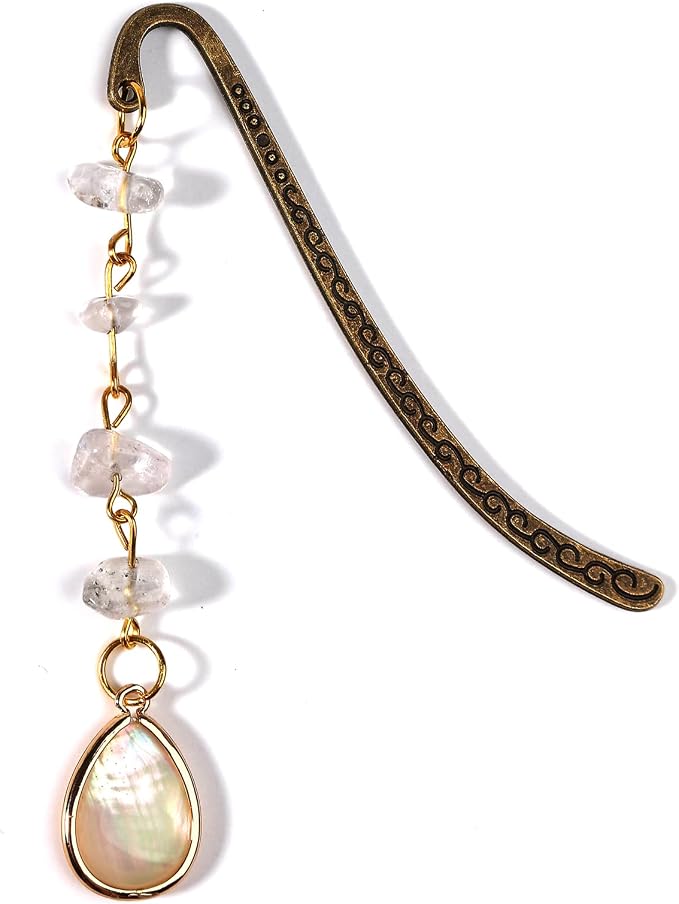 Vintage Metal Pendant Bookmark with Opal Drop Shell&Clear White Quartz Crystal StonesBead Chain–Elegant Natural Stone Protein Bookmarks for Women,Men,Book Lovers and Girls(Bronze)