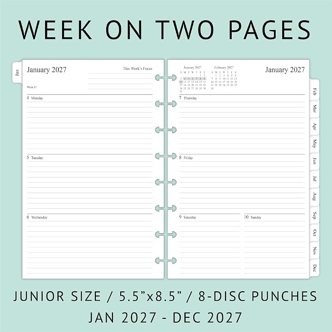 2027 Weekly & Monthly Planner Refill for 8-Discbound Planners, Two Pages Per Week, Junior Size, 5-1/2"x8-1/2"