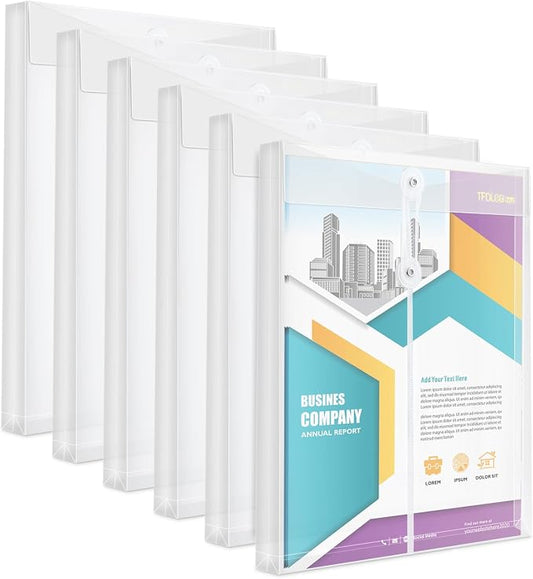 6 Pack Clear Folders for Documents Plastic Envelopes with String Closure,A4 Letter Size,TFDLCG zm Poly Reusable File Folder with1-1/4 Expansion,Document Organizer for Home,Office and Classroom