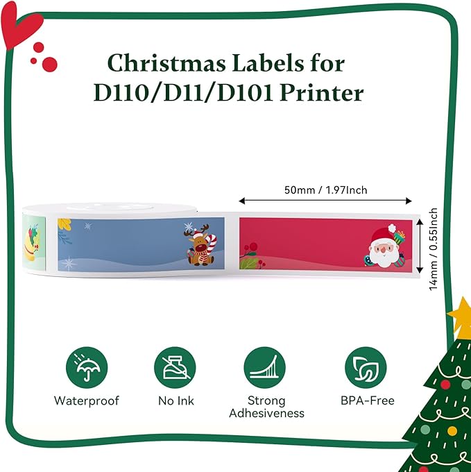 NIIMBOT Christmas Labels for D110/D11/D101 Label Maker,14 x 50 mm (0.55'' x 1.97''), Thermal Label Tape for Christmas Home Office Labeling