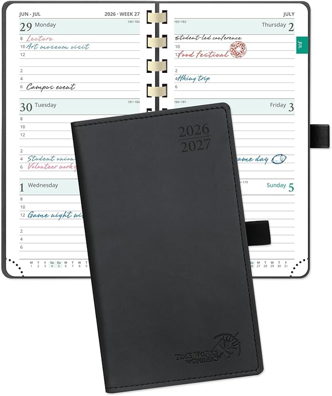 POPRUN Pocket Planner 2026-2027 (Slim Size 3.5'' x 6.5'') Academic Purse Calendar (July 2026 - June 2027) with Hourly Time Slots, 100GSM Thick Paper, Spiral Soft Cover - Black