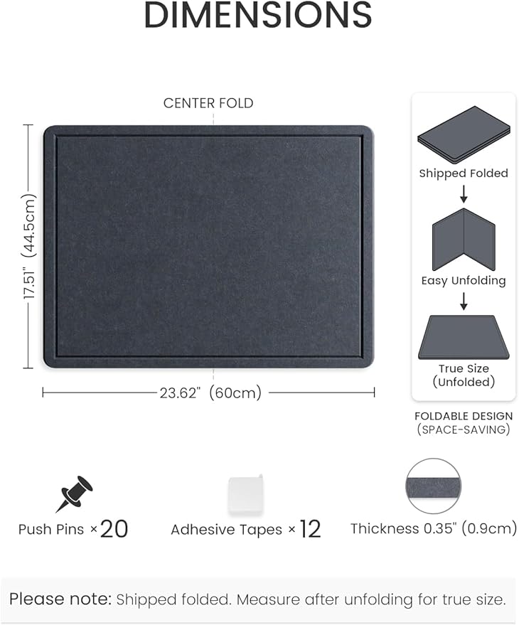 Fluxynara Bulletin Board, 23.6" x 17.5" Cork Board Alternative with 12 Safe Removable Adhesive Tabs, Foldable Felt Pin Board for Home Office, Classroom, Bedroom,Entryway for Walls—Navy Blue