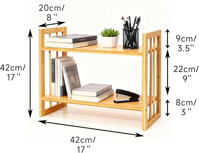 Desktop Shelf Organizer, 2 Tier Bamboo Desk Bookshelf, Desk Top Storage Rack for Office, Dorm, or Bedroom Decor, Small Tabletop Shelf for Books, Plants & Accessories