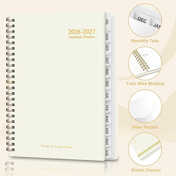 Academic Planner 2026-2027, Weekly and Monthly Agenda Planner, Daily Calendar Planning Notebook (July 2026 - June 2034), School Teacher Student Supplies, Beige