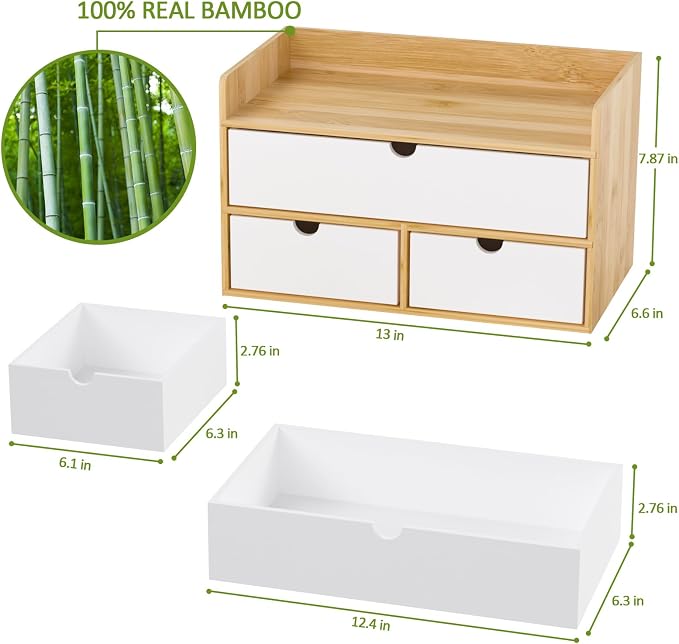 Desk Organizer with Drawers - Bamboo Desktop Organizer Storage | Natural-White Wood Desk Drawers Organizer for Bills, Office Supplies, Cosmetics, Seals No Assembly Required