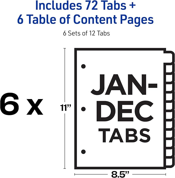 Avery Jan-Dec Dividers for 3 Ring Binders, 12 Tabs per Set, Customizable Table of Contents, Multicolor Tabs, Great for Organizing Reports, Projects, and More (6 Sets of 11830)