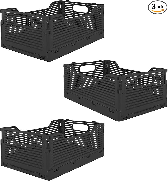 OnDisplay Stackable Folding Desk/Beauty/Closet Storage Crate - Foldable Space Saving Bins for Home Kitchen Classroom Office Vanity Bathroom Pantry (3pk Medium - No Letters, Black)