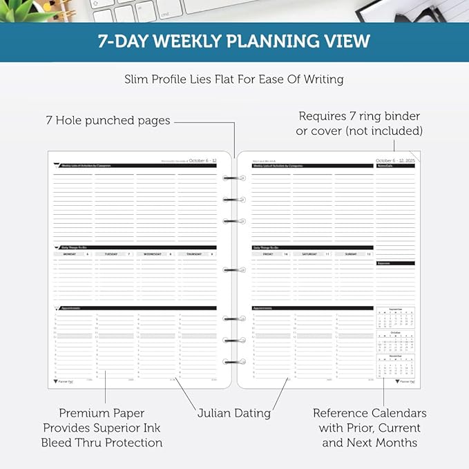 Planner Pad 7 Hole Loose Leaf 3-Tier Funnel Down 12 Month Organizer, October 2025 – September 2026 / Academic Year Black Ink, 8 1/2" x 11”