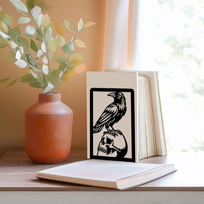 Raven and Skull Decor Gothic Metal Bookends for Shelves, Office Desk Organizer Book Ends for Heavy Books, Home Office Desk Bookshelf Decor Gift for Gothic Lovers and Reading Enthusiasts