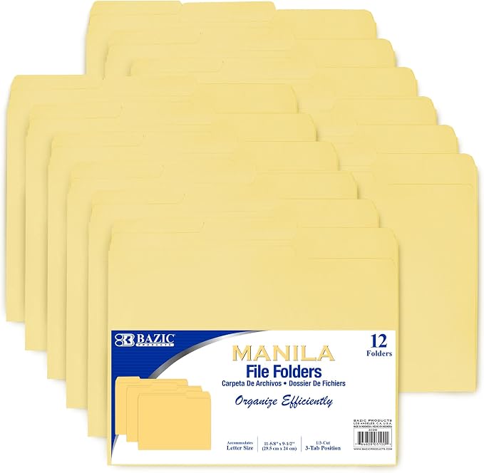 BAZIC Products Letter Size Manila File Folders, 1/3-Cut Tab, 12 Pack, for Office Filing, Case of 48