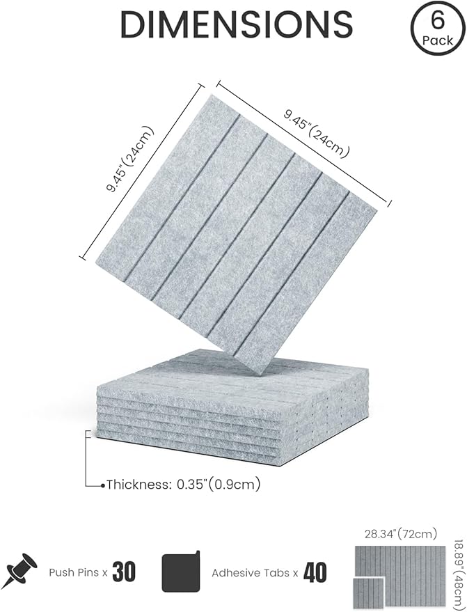 Fluxynara Felt Bulletin Board Tiles -28"x18" with 40 Adhesive Tabs, Cork Board Alternative for Office Decor, Push Pin Board Wall Organizer 6-Pack (Blue Gray)