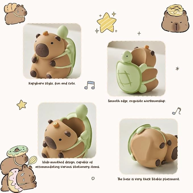 Geluode Capybara with Turtle Resin Pencil Holder, Animal Design Desk Organizer Stationery Pen Holder, Cute and Functional Office Decor, Gift for Capybara Lovers Students