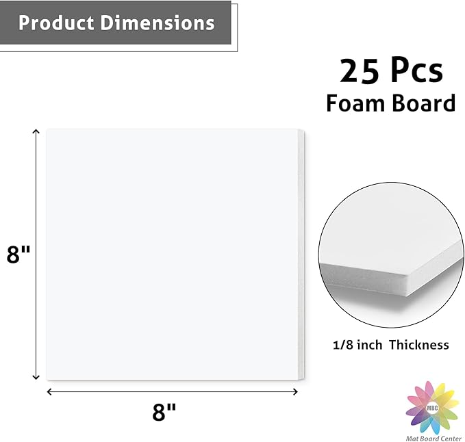 Mat Board Center, Pack of 25 Foam Core Backing Boards 1/8" (8x8, White)