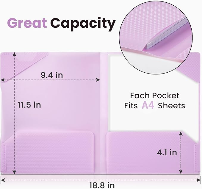 Sooez 1 Pack Plastic Folder, 2-Pocket Folder with Writable Category Label and Non-Slip Tabs, Fits A4/Letter Size Paper, Heavy-Duty Folders with Pockets for School, Office, Home (Pink)