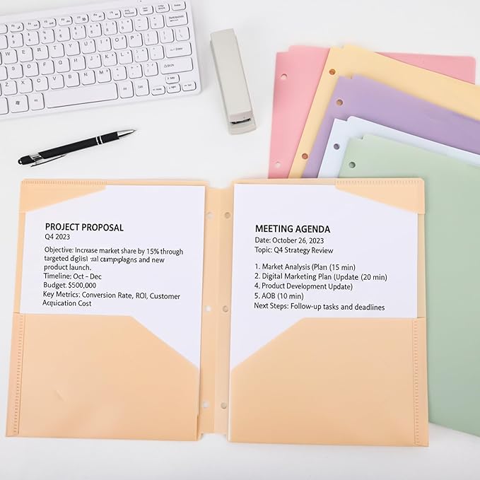 EOOUT Plastic Folders with Pockets, 3 Hole Punch Folders for 3 Ring Binder, 10 Pastel Colors, Heavy Duty File Folders for School Office Supplies(10pcs)
