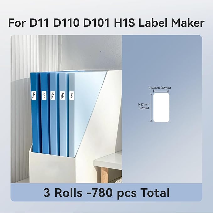 NIIMBOT D11 Label Maker Tape D110 Labels 3Rolls, Self-Adhesive Labeling Tape Replacement 0.47" X 0.86" (12 X 22mm) Thermal Label Refills for Home Office, 260 Labels/Roll, White