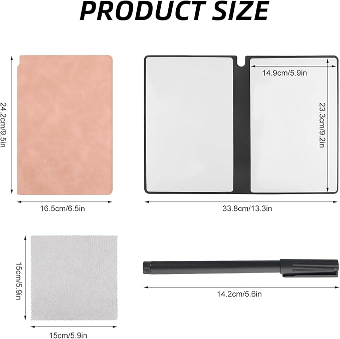 Reusable A5 Dry Erase Notebook Include a Wipeable Pen and Rag,9.4x6.5 Inch Erasable Notebook Whiteboard Notebook,Wipeable Notebook PU Hardcover for Office and Taking Notes(Pink)