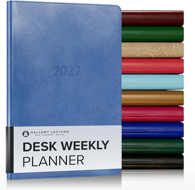 Gallery Leather Desk Weekly Monthly Planner 2027, Elegantly Bound Calendar Planner and Notebook with Stylish Gold-Gilded Page Edges, 12 Months - Acadia Hydrangea - 8x5.5"