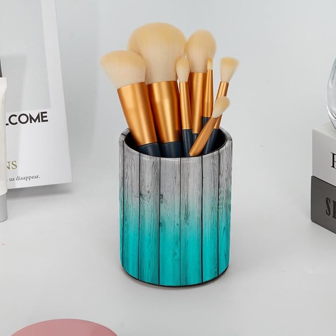 Pen Pencil Holder for Desk, Teal Rustic Wood Panels Makeup Brush Holders Leather Pen Organizer Pencil Caddy for Office Home Art Supply