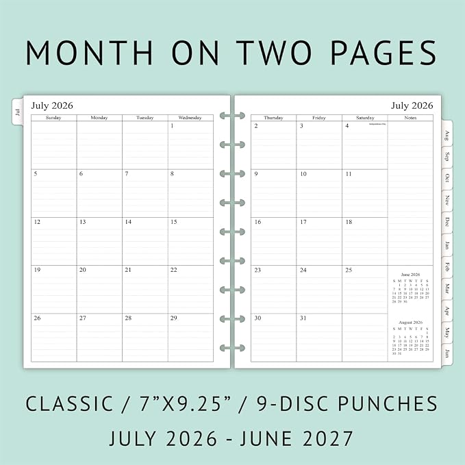 2026-2027 Planner Refills for Happy Planner Classic Notebook, Weekly & Monthly, Jul 2026 - Jun 2027, 7" x 9-1/4", 9-Disc Pre-punched