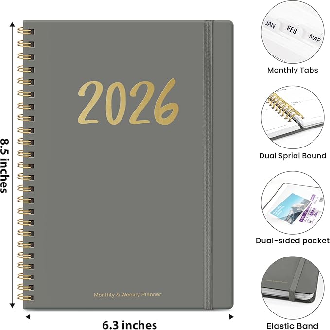 2026 Planner - Weekly and Monthly Planner, January 2026 to December 2026, Spiral Bound 2026 Calendar Planner Book, Inner Pocket, Perfect for Office Home School Supplies - A5 (6.3" x 8.5"), Stone Gray