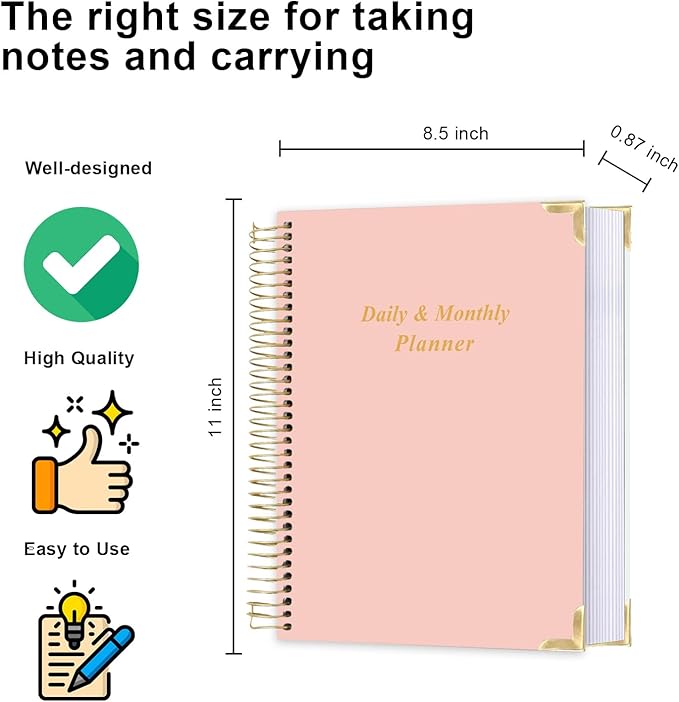 Undated Daily Monthly Planner for 2026 or Anytime - A4 To Do List with Hourly Schedule, Hardcover Spiral Bound Daily Planner to Increase Focus, Stylish School/Office Supplies, 8.5" x 11", Pink