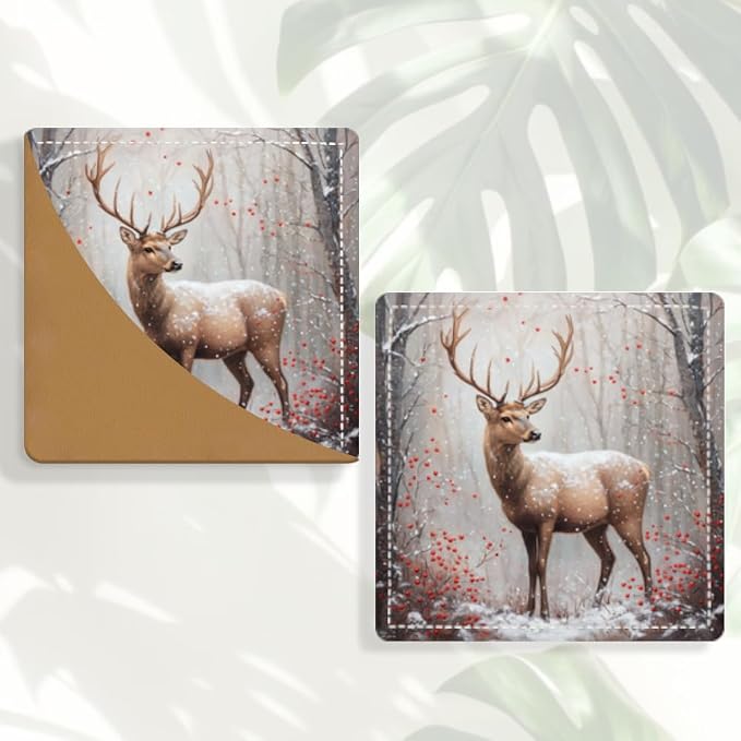 2PCS PU Leather Bookmarks 3.5x3.5 Inch Deer Winter Forest Design | PU leather bookmarks with deer winter forest design for novels, journals, planners, students and book lovers.