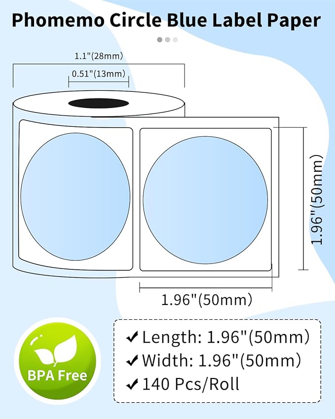 Phomemo Thermal Circle Label Compatible with M110/M100/M120/M150/M200/M220/M250 Labels Maker, 1.96" x 1.96"（50x50 mm） Sticker Round Thermal Label, Black on Blue